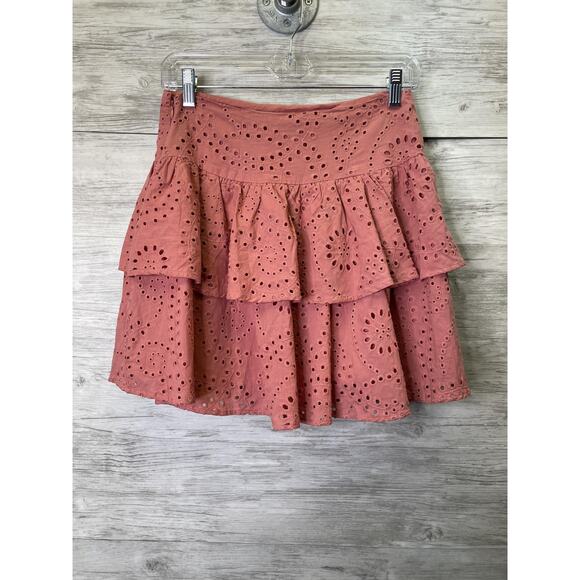 Express Skirt Womens 2 Pink Eyelet Ruffle Tiered Lined Mini Summer Boho Cotton - Picture 6 of 10